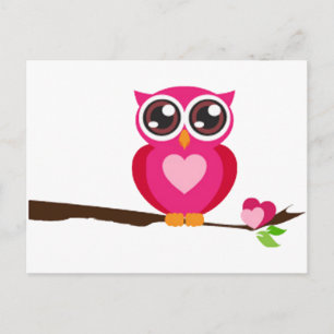 Carte Postale Chouette rose sur branche d'arbre