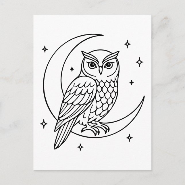 Carte Postale Chouette sur Crescent Moon avec Stars Line Art (Devant)