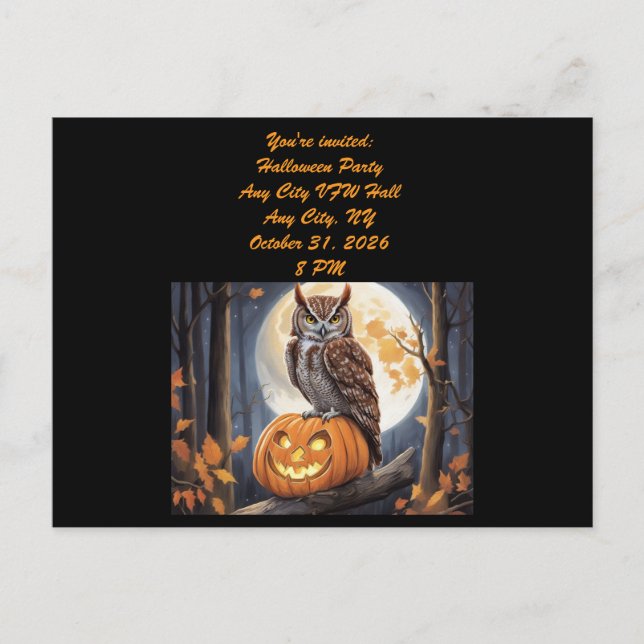 Carte Postale Chouette sur invitation Halloween de citrouille Ja (Devant)