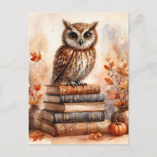Carte Postale Chouette sur livres L'aquarelle d'automne (Devant)