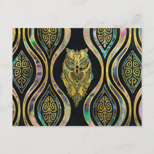 Carte Postale Chouette tribale d'or sur Motif d'ormeau de Boho