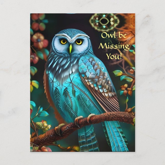 Carte Postale Chouette Turquoise Tu me manques (Devant)
