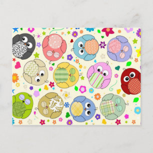 Carte Postale Chouettes mignonnes et fleurs motif - crème
