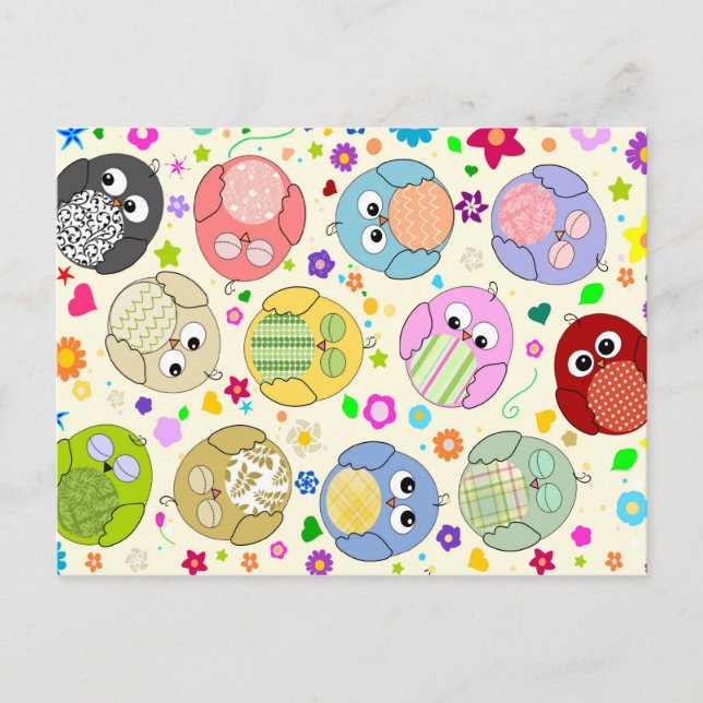 Carte Postale Chouettes mignonnes et fleurs motif - crème (Devant)