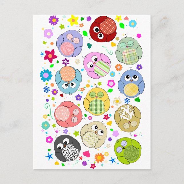 Carte Postale Chouettes mignonnes et motif de fleurs (Devant)