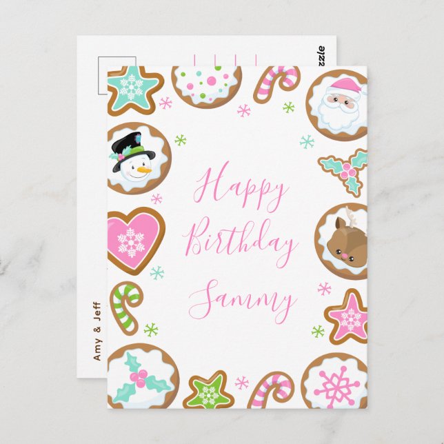 Carte Postale Christmas Cookies Pink and Green Happy Birthday (Devant / Derrière)