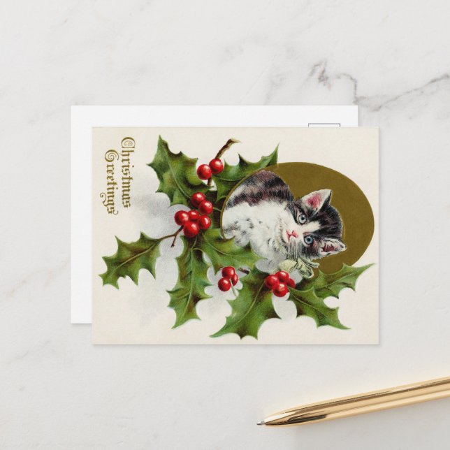 Carte Postale Christmas Greetings Vintage Kitty Card (Devant/Arrière en situation)