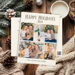 Carte Postale Christmas Happy Holidays 4 Photo Collage<br><div class="desc">Carte de voeux moderne et élégant collage 4 photos vacances Noël de Noël. Le texte dit "Joyeuses fêtes." Personnalisez avec l'année, vos photos, nom, adresse et même votre propre message. Contactez-moi pour obtenir de l'aide sur vos personnalisations ou pour demander des produits Zazzle correspondants ou coordonnés supplémentaires pour votre période...</div>