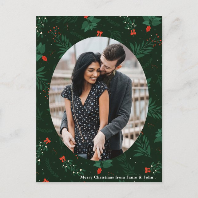 Carte Postale Christmas Love Couple Photo Chic Green Mistletoe (Devant)