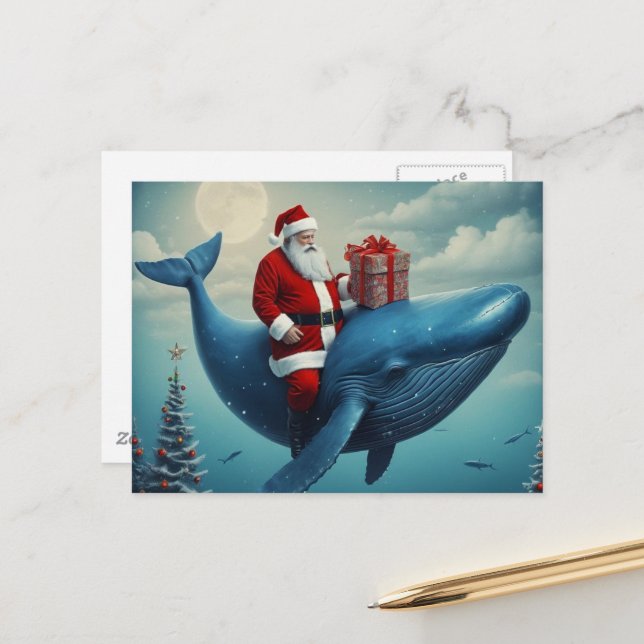 Carte Postale Christmas Santa and Whale Surreal (Devant/Arrière en situation)