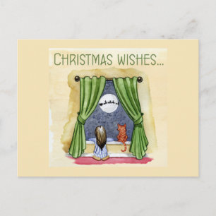 Carte Postale Christmas Wishes Child & Kitty Cat Xmas