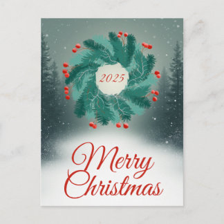 Carte Postale Christmas Wreath with Red Berries and Forest