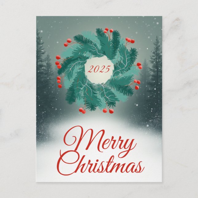 Carte Postale Christmas Wreath with Red Berries and Forest (Devant)