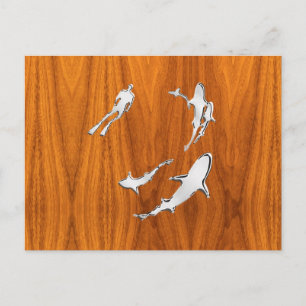Carte Postale Chrome Comme Plongeur avec requins sur la plaque d