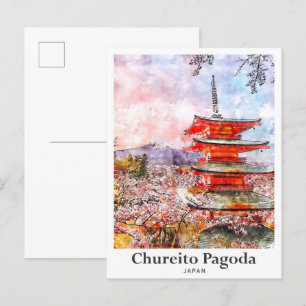 Carte Postale Chureito Pagoda Japon Voyage Aquarelle main tirée