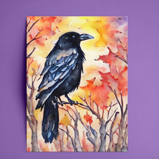 Carte Postale Chute Corbeau Aquarelle Automne Feuilles Oiseau No (Autumn raven watercolor painting art card)