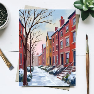 Carte Postale Chute de neige en ville   Peinture aquarelle d'hiv