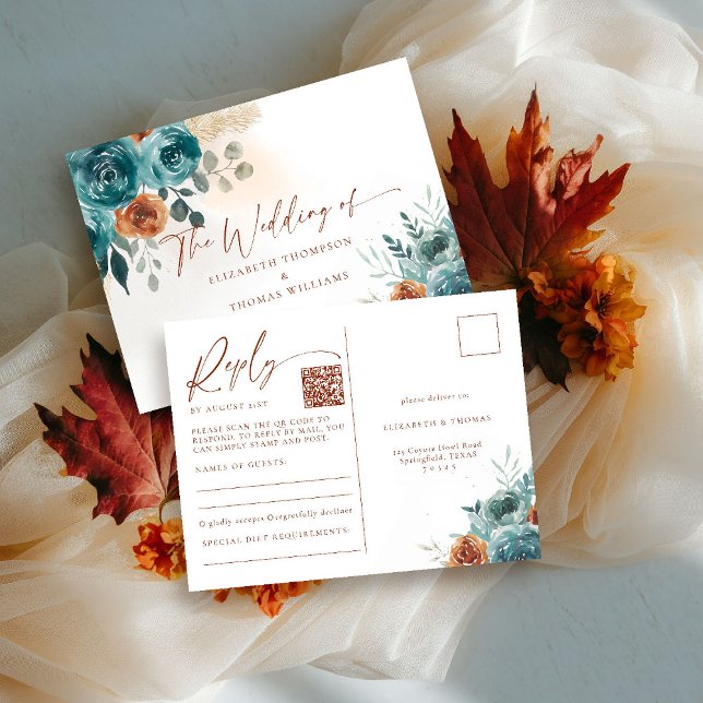 Carte Postale Chute Turquoise Burange Boho Romantique QR Code RS (fall in love wedding reply rsvp postcard meal teal burnt orange terracotta watercolor floral botanic)