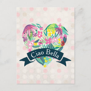 Carte Postale Ciao Bella Cute Coeur Floral sur Cercles roses