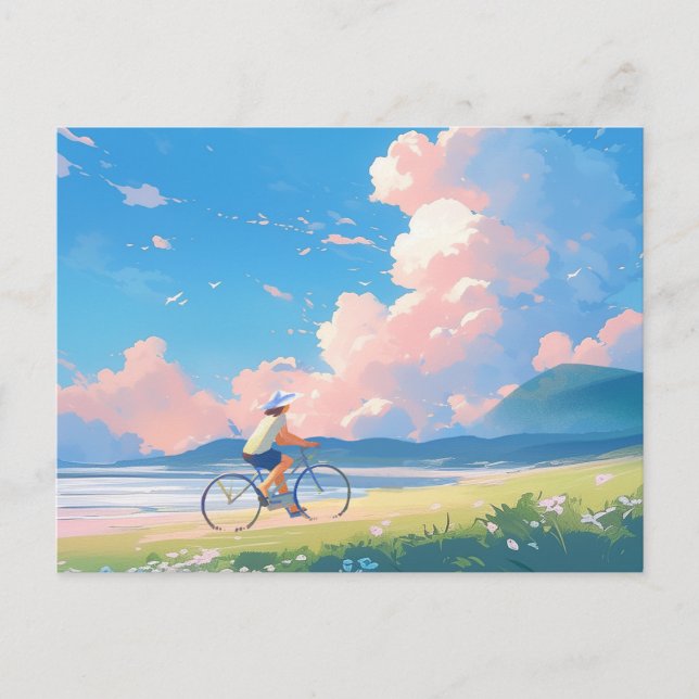 Carte Postale Ciel bleu chevauchant un dessin animé à vélo (Devant)