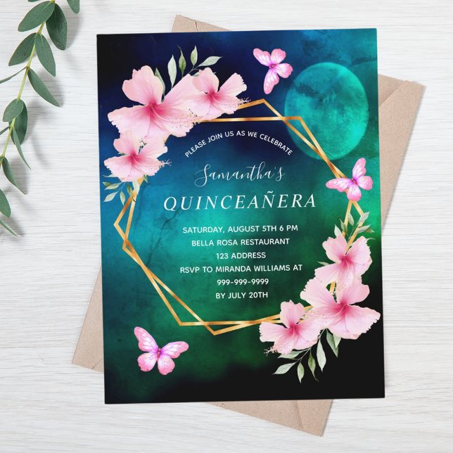 Carte Postale Ciel bleu vert lune floraux roses Quinceanera (Créateur téléchargé)