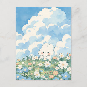 Carte Postale Ciel Bleu Vibrant Lapin Blanc Prairie de Marguerit