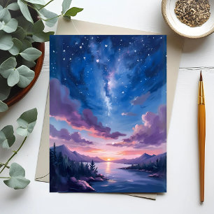 Carte Postale Ciel de Nuit   Aquarelle Violette du Lac Étoilé