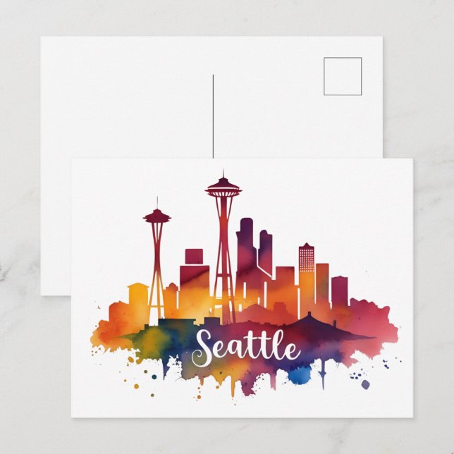Carte Postale Ciel de Seattle à l'aquarelle (Devant / Derrière)