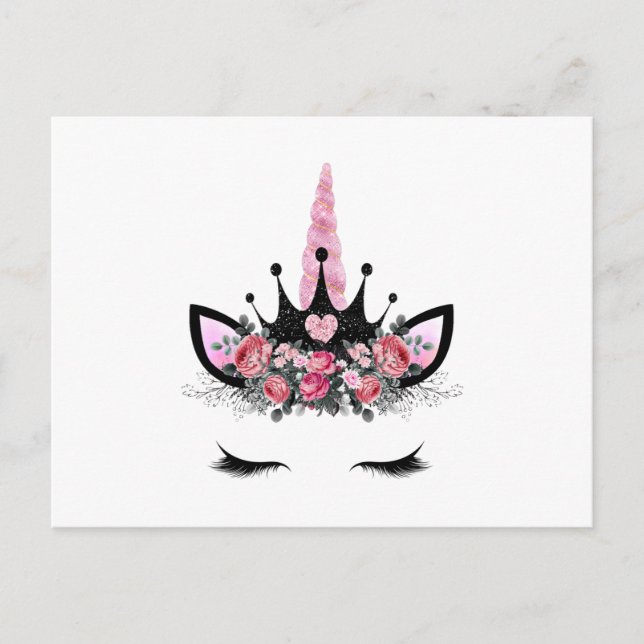 Carte Postale cils Unicorne, Fleur d'aquarelle, corne de Parties (Devant)