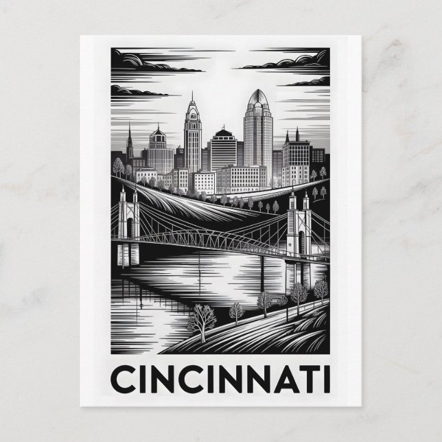 Carte Postale Cincinnati Ohio Skyline Noir et Blanc Gravure sur  (Devant)