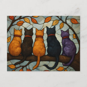 Carte Postale Cinq chats sur une branche d'arbre de style vitrai