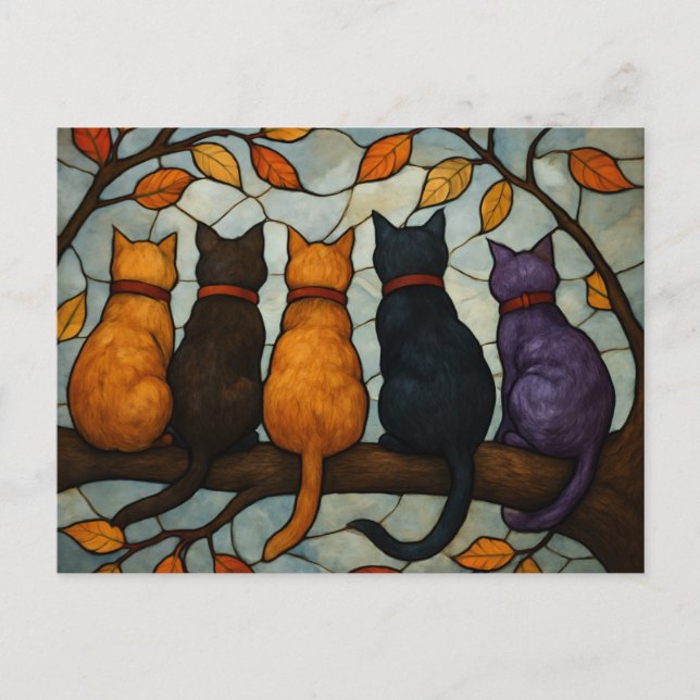 Carte Postale Cinq chats sur une branche d'arbre de style vitrai (Devant)