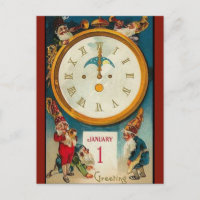 Cinq Elfes Vintage Autour d'une Horloge Bonne Anné