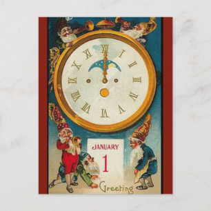 Carte Postale Cinq Elfes Vintage Autour d'une Horloge Bonne Anné