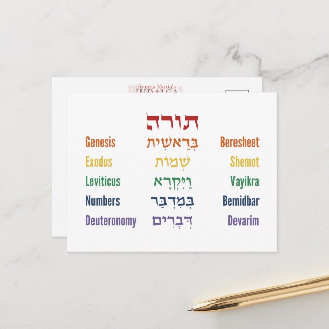 Carte Postale Cinq Livres du Torah Hébreu Anglais en Arc-en-Ciel (Devant/Arrière en situation)