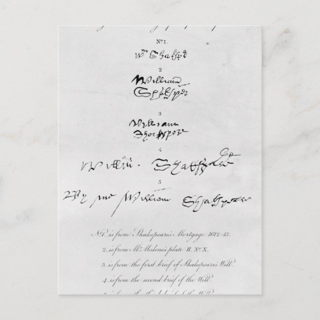Carte Postale Cinq véritables autographes de William Shakespeare (Devant)