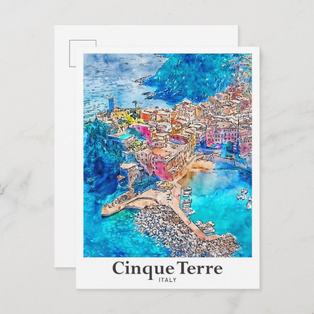 Carte Postale Cinque Terre Italie Aquarelle Voyage Main tirée (Devant / Derrière)