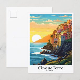 Carte Postale Cinque Terre Italie Art Voyage Illustration Vintag