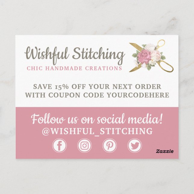 Carte Postale Ciseaux à coudre en or Merci Shabby Chic Floral (Dos)