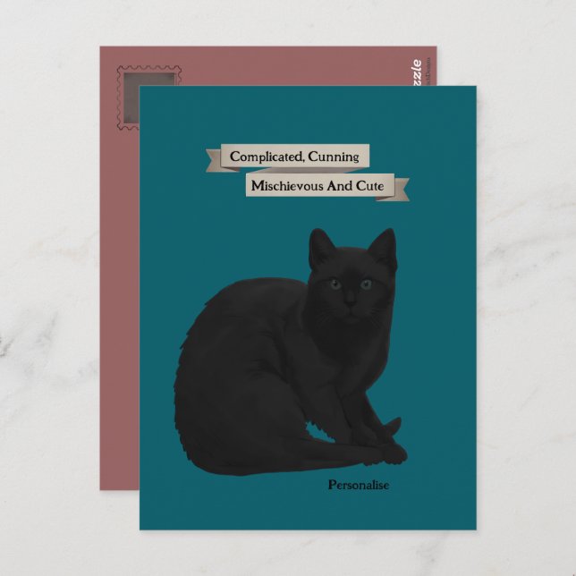 Carte Postale Citation de chat noir mystérieux rose sarcelle per (Devant / Derrière)