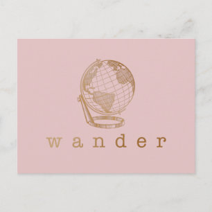 Carte Postale Citation de voyage Wander et globe en rose et or