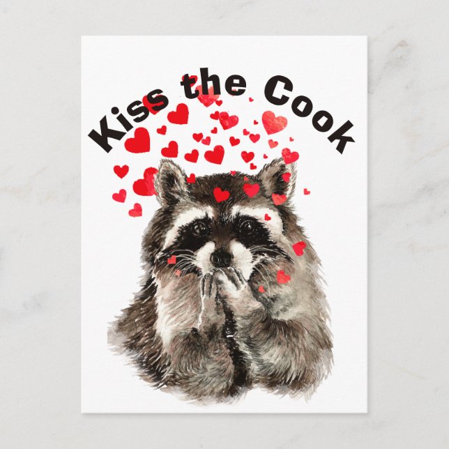 Carte Postale Citation drôle Kiss the Cook mignon Raccoons, Anim (Devant)