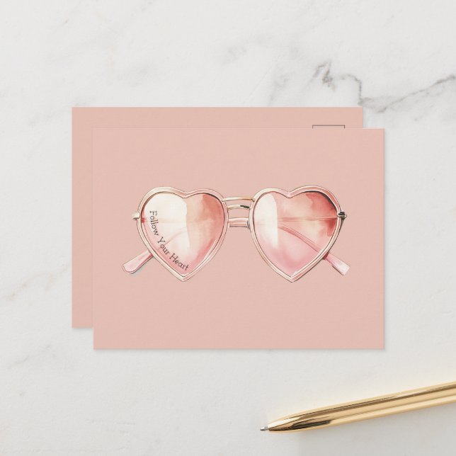 Carte Postale Citation Lunettes de cœur rose (Devant/Arrière en situation)