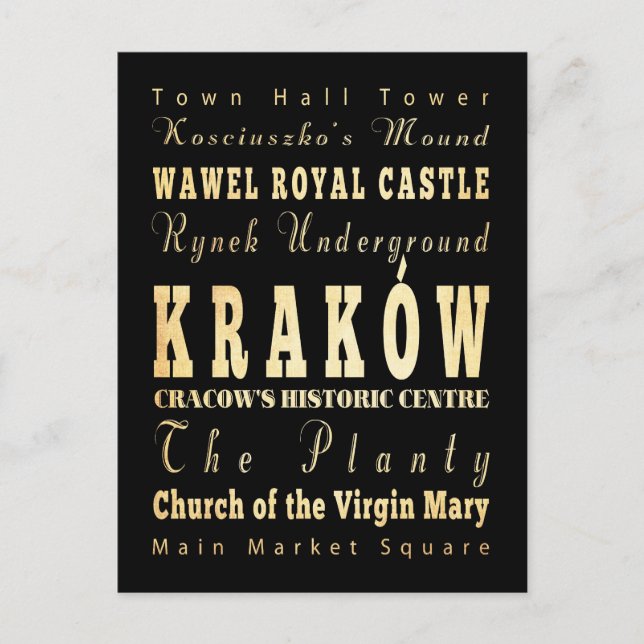 Carte Postale Cité de Cracovie Pologne Typographie Art (Devant)