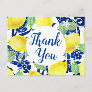Carte Postale Citrons de campagne et Merci floral bleu Script