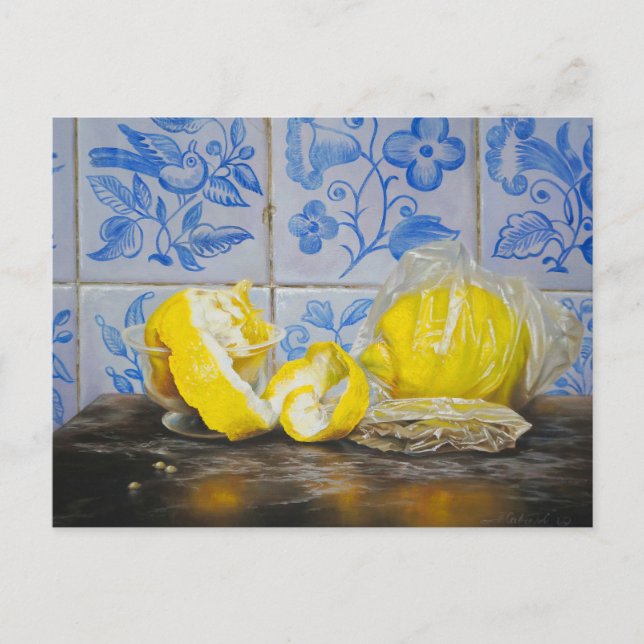 Carte Postale Citrons et Azulejos — Nature morte classique bleu  (Devant)