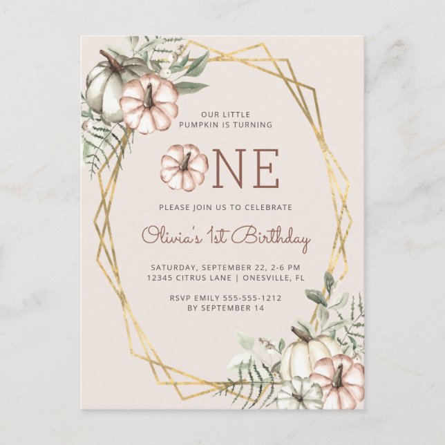 Carte Postale Citrouille 1er anniversaire fête beige (Devant)