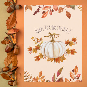 Carte Postale Citrouille blanc et feuilles d'automne Thanksgivin