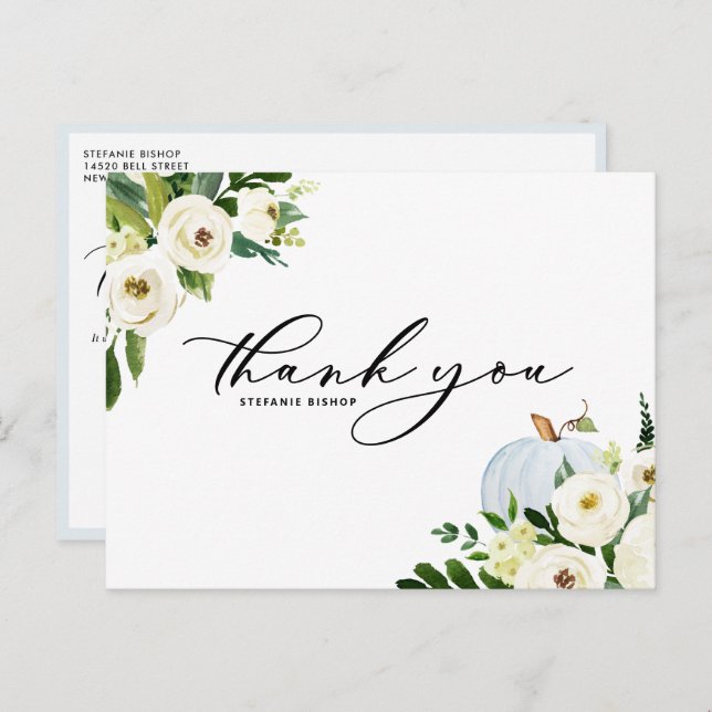 Carte Postale Citrouille bleue et fleurs blanches Remerciement d (Devant / Derrière)