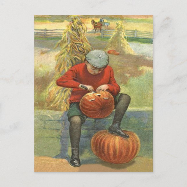 Carte Postale Citrouille Boy Carving Jack-o'-lantern (Devant)